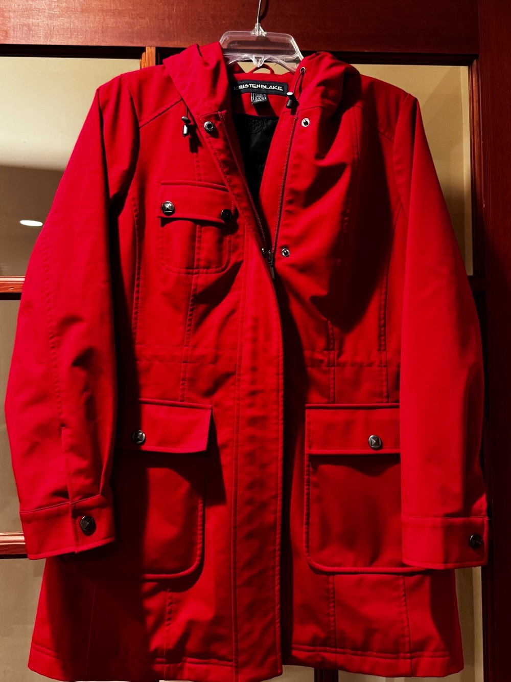 Kristen Blake Red Hooded Soft Shell Rain Jacket Coat Women’s Small Black Lined